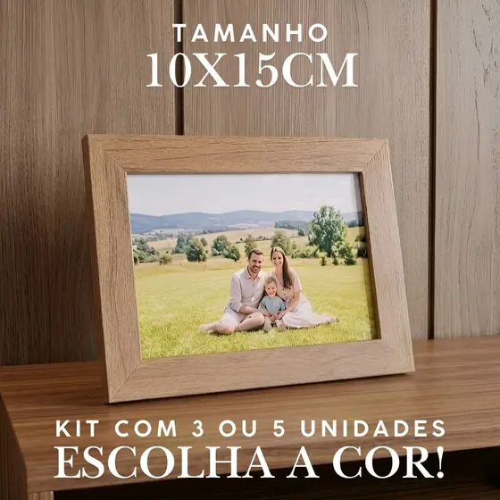 Porta Retrato de Mesa 10x15 Kit 5 ou 3 Peças Madeira e Vidro Real Moldura para Foto Decoração Sala Quarto Presente