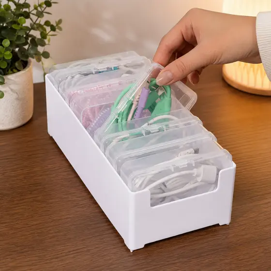 Kit De Caixa Organizadora De Plástico Com 7 Caixas Transparentes Para Armazenamento De Cabos