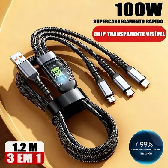 Cabo De Carregamento 3 Em 1 De Liga De Zinco 100W 6A Carregador Super Rápido USB-A1