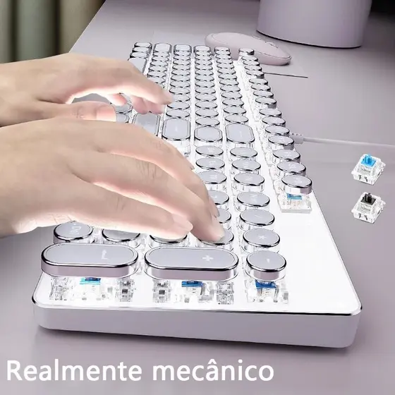 Kit Completo Teclado Mecânico Retro Punk + Mouse Gamer Iluminado RGB para PC Gamer H7