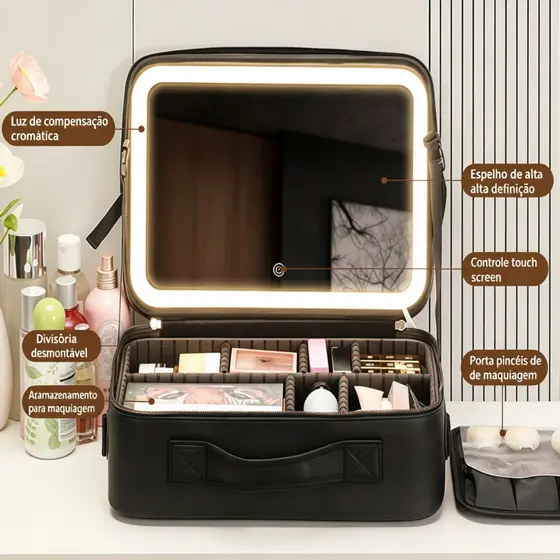 Organizador Cosméticos Maleta com Espelho LED Alça de Mão Compartimentos Ajustáveis Viagem Q10