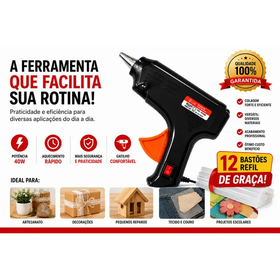 Kit Pistola de Cola quente Bico grosso Bivolt + 12 bastões refil gratuito artesanato reparos escolar