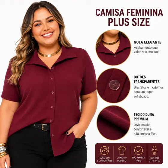 Camisa Feminina Social Plus Size G1 G2 G3 Tecido Duna Premium Manga Curta Com Botões
