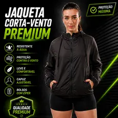 Jaqueta Corta Vento Feminina Sport Térmica UV50 Preta Capuz
