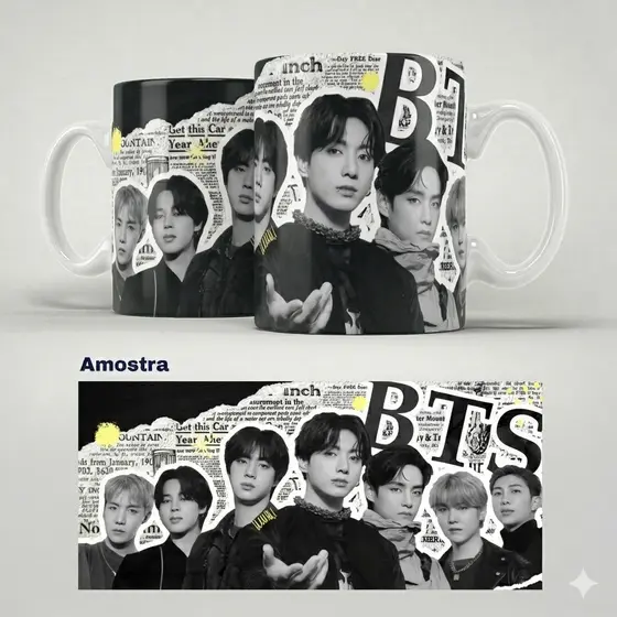 Canecas Personalizadas BTS | RM, JIN, SUGA, JIMIN, V, J-ROPE, JUNGKOOK | K POP | ARIRANG | Porcelana | Plástico | 325ml