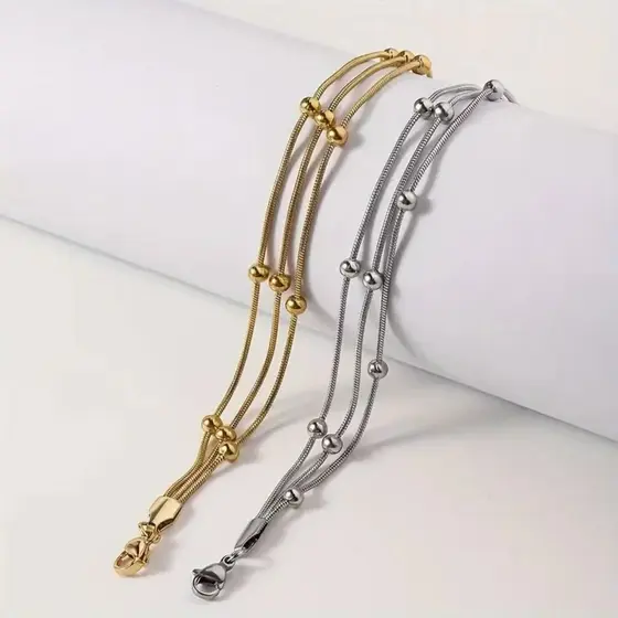 Pulseira Bolinha Feminina 3 em 1 Aço Inoxidável Dourada/Prateada 19 cm Lindo Modelo