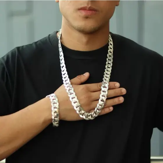 Novo estilo Colar+Pulseira Masculina prata grossa 25mmbanhado a prata 925