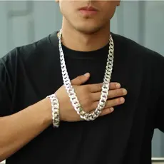 Novo estilo Colar+Pulseira Masculina prata grossa 25mmbanhado a prata 925