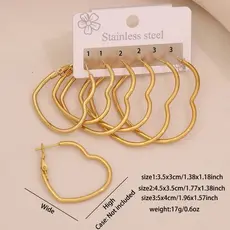 [kit 3 Brinco de Argola Aço] kit 3 Brinco de Argola Aço Inoxidável dourado 3.8cm 4.3cm 5cm G Feminino Coração