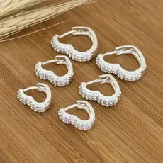 Aço inoxidável Kit 3 pares de brincos em formato de coração, cravejados com duas fileiras de zircônias