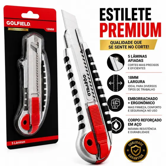 Estilete Premium Profissional 5 lâminas - Golfield 18mm Reforçado