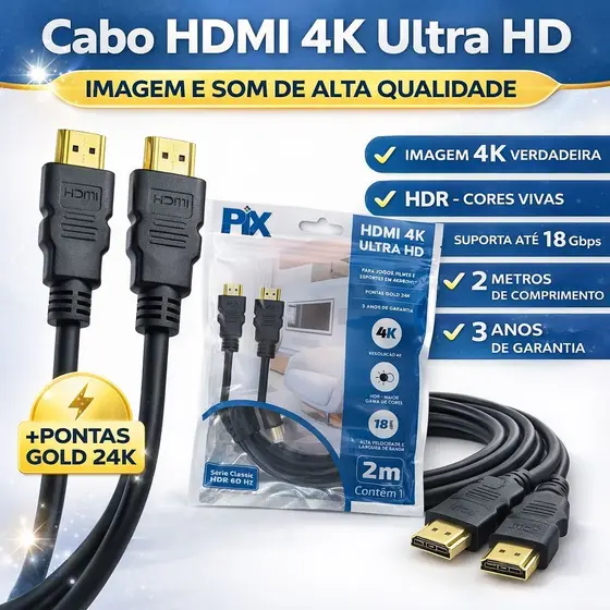 Cabo HDMI Pix 4K Ultra HD 2 metros - Alta velocidade e 3 anos de garantia