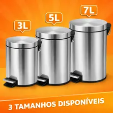 Lixeiras Beity Inox de 3, 5 ou 7 litros com Pedal e Balde para banheiro, escritório, cozinha