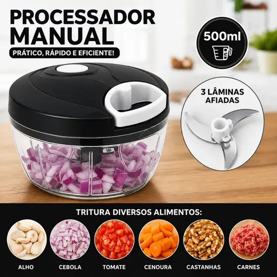 Processador Manual de Alimentos 500ml Resistente e com Trituração Rápida