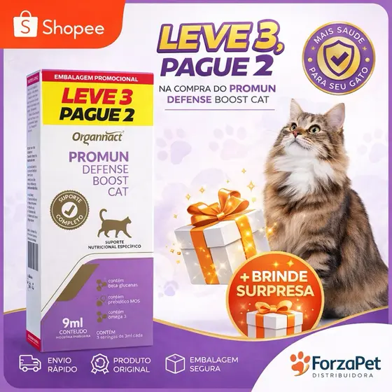 Kit 3 Promun Defense Boost Cat 3ml Organnact Suplemento Nutricional para Gatos