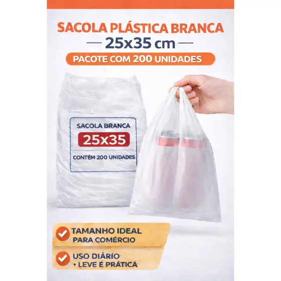 200 Sacolas Plásticas Brancas PEAD Virgem Econômica Grande Sacola Mercado Sacola De Compras
