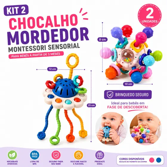 Kit 2 Chocalhos Mordedores Bebê Montessori Sensorial Silicone BPA Free Brinquedo Educativo Coordenação Motora