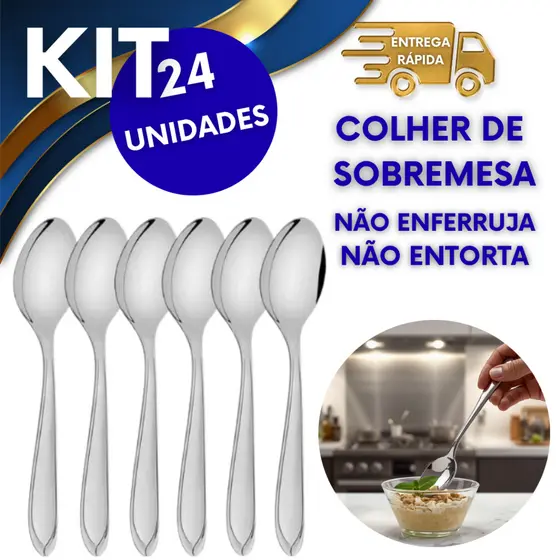 24 COLHERES DE SOBREMESA COM 17CM COLHER DE AÇO INOX NÃO ENTORTA IDEAL PARA CHÁ CAFÉ SOBREMESAS