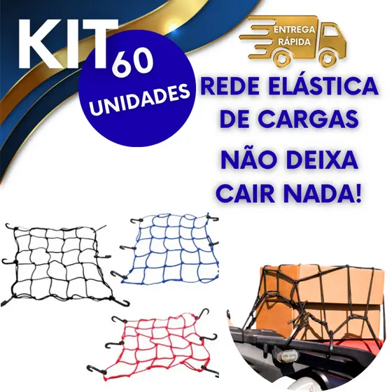 60 REDE ELÁSTICA PARA ORGANIZAR PRENDER OBJETOS EM MOTOS CAMINHÕES BARCO COM FIXAÇAO E GANCHOS