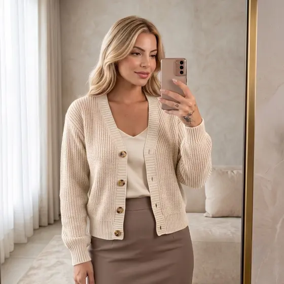 Casaco Feminino Elegante Tricot Macio Quentinho Inverno Frio Casual Casaqueto Manga Longa Cardigan Gola V Botões
