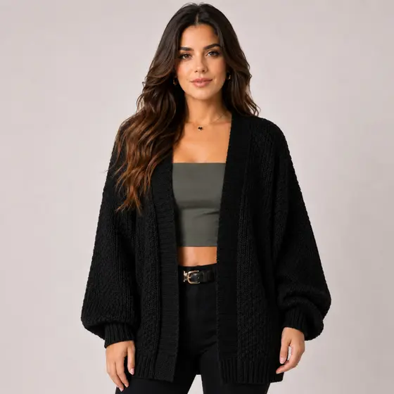 Cardigan Feminino Tricot Manga Longa Manga Bufante Encorpado Manga Ampla Moda Outono Inverno Casaco Kimono Casaquinho