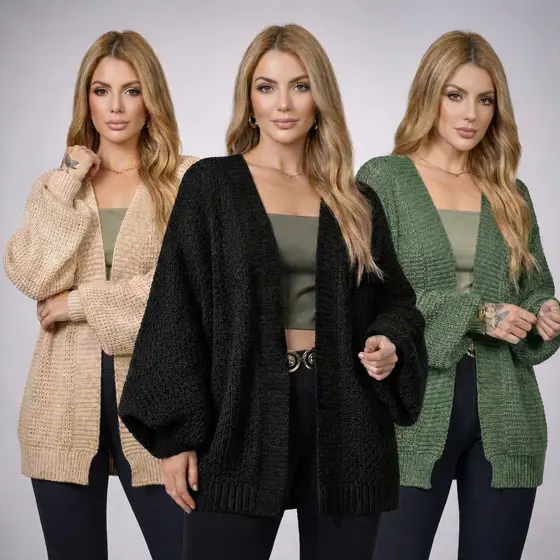 Cardigan Kimono Tricot Manga Bufante Longa Tricot Encorpado Casaco Mangas Amplas Moda Outono Inverno