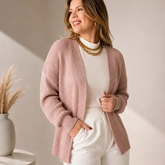 Cardigan Tricot Feminino Aberto Manga Bufante Kimono Casaco Aberto Outono Inverno Terceira Peça