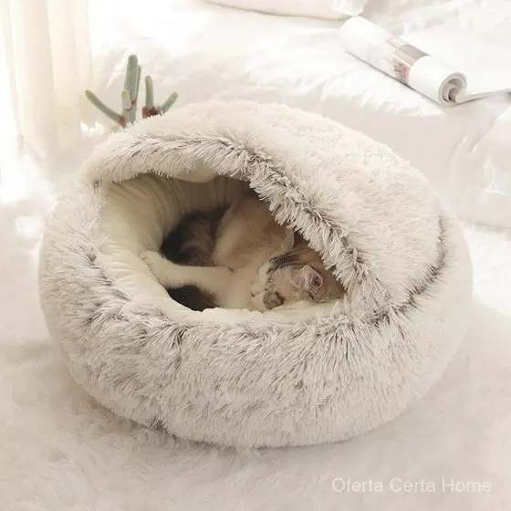 ⭐ Cama redonda semi-fechada de veludo cristalino para gatos e cães, cama de pelúcia para sono profundo, saco de dormir r