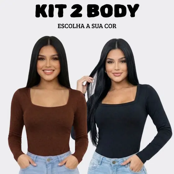 Kit 2 Body Feminino Decote Quadrado Manga Longa Suplex Premium Com Forro Moda Blogueira