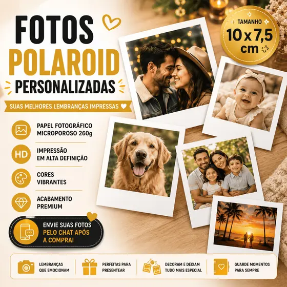Fotos tipo Polaroid Personalizadas 10x7,5 cm | Papel Fotográfico Premium 260g | Alta Definição | Full HD | Envio Rápido
