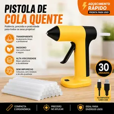 KIT Pistola de Cola Quente Sem Fio Premium Artepunto Bico Fino 7mm + 30 Bastões de Cola | Amarelo | Artesanato