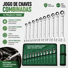 Jogo de Chaves Combinadas com Catraca 2 em 1 – 14 Peças de 8 a 24mm | Aperto Rápido e Profissional