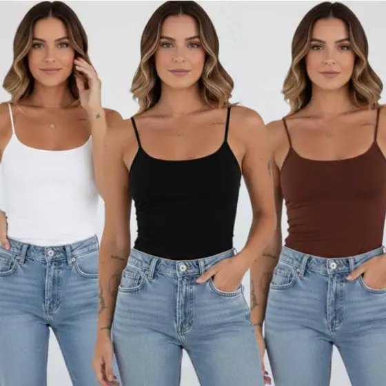 Kit 3 Blusa Regata Feminina Suplex Al莽a Fina Cropped Tube B谩sica Alcinha
