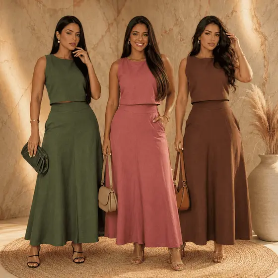 Conjunto Feminino Linho Saia Midi Godê Zíper Cropped Regata Bolso Moda Social Sofisticado Elegante Chique Casual Verão