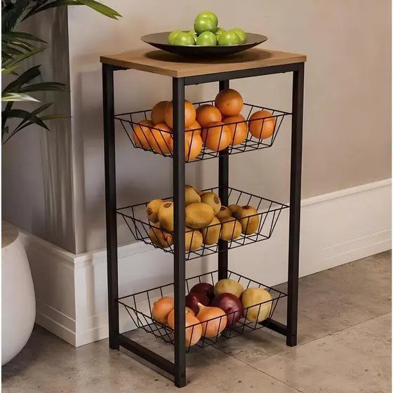 Fruteira de Chão em Aço Resistente Ideal Para Galão D'Água Tampo de Madeira MDF