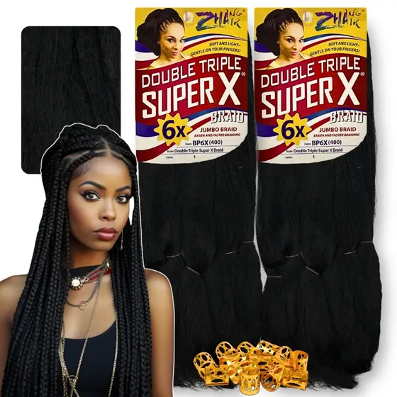 Kit 2 Cabelo Jumbo Jumbão Box braid Super X Zhang Hair + Anéis