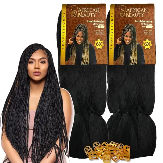 Kit 2 Cabelo Jumbo Jumbão Tranças Box Braid African Beauty + Anéis