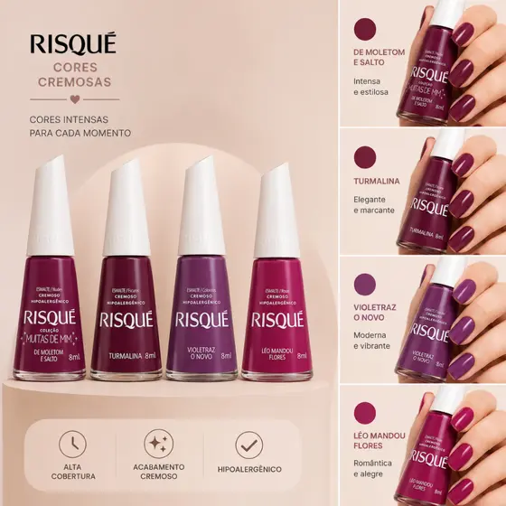 Kit 4 Esmalte Risque Tons Roxo Cremoso Hipoalergenico