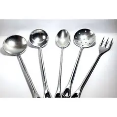 KIT 5 TALHERES ALUMINIO FUNDIDO GARFO COLHER ESCUMADEIRA CONCHA RASA E FUNDA CABO DE ALUMINIO