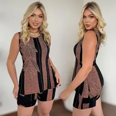 Conjunto Feminino Curto Short e Blusa Regata Viscolycra Estampado Casual Elegante Soltinho Dia a Dia