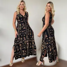 Vestido Longo Feminino Estampado Viscolycra Com Fenda Casual Elegante Levinho Fluído Plus Size