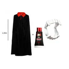 kit Halloween Fantasia Capa Vampiro + Dentadura Vampiro + Sangue Falso Comestível Halloween Fantasia Dia das Bruxas