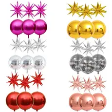 Kit c/ 6pcs - 3 Balão Globo 4D Orbis 60cm + 3 Balão Estrela Sputnik 50cm 14 Pontas- Festa