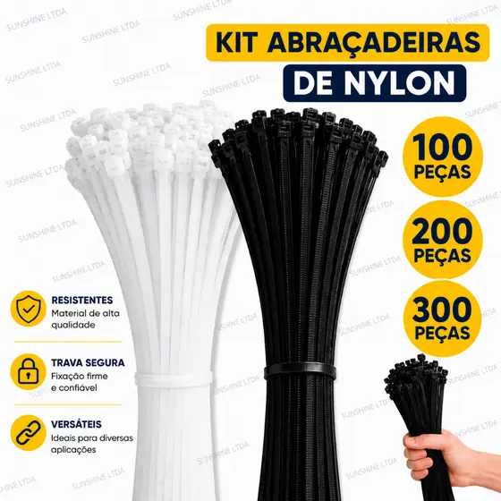 Kit 100/200/300 Abraçadeiras Nylon Enforca Gato 2,5x100mm, 2,5x150mm ou 2,5x200mm Super Resistente
