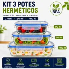 Kit 3 Potes Vidro Tampa Hermético 370ml + 640ml + 1040ml Marmita Armazenar Alimento Refeição Comidas