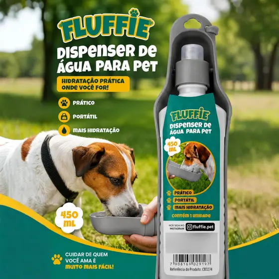 Dispenser De Água Para Pet 450ml Plástico Portátil Fluffie
