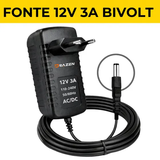 Fonte 12V 3A Bivolt Estabilizada Fita Led Câmera Cftv