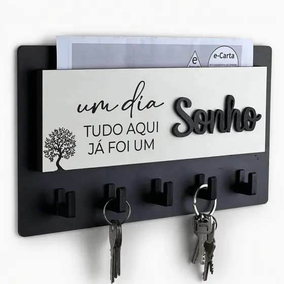 Porta Chaves Decorativo Para Parede em MDF 05 Ganchos Preto