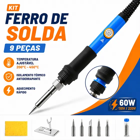 Ferro de Solda 60W Regulável Bivolt Kit 9 Peças com 5 Pontas + Suporte e Esponja