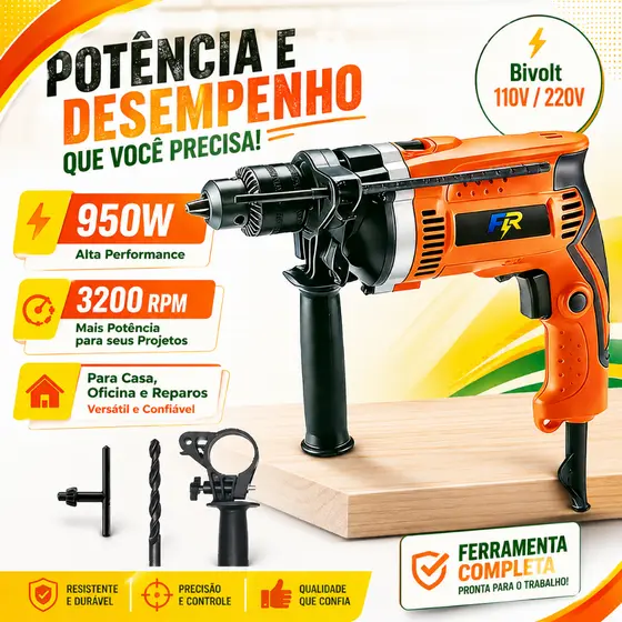 Furadeira Parafusadeira de Impacto 950W Mandril 13mm Reversão Automática para Reformas e Obras